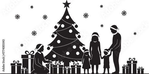Black & White Silhouette of Family Opening Gifts by Xmas Tree