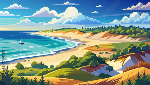 Very beautiful panoramic view of Indiana Dunes, Indiana, USA, featuring sandy beaches, rolling dunes, and the sparkling waters of Lake Michigan under a bright summer sky.