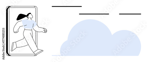 Woman exits smartphone toward a blue cloud, signifying digital connection, freedom, and innovation. Ideal for technology, cloud computing, creativity, imagination, mobility online transformation
