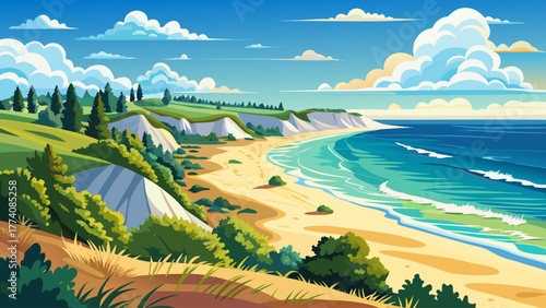 Very beautiful panoramic view of Indiana Dunes, Indiana, USA, featuring sandy beaches, rolling dunes, and the sparkling waters of Lake Michigan under a bright summer sky.