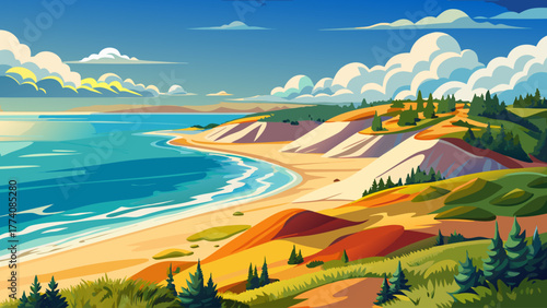 Very beautiful panoramic view of Indiana Dunes, Indiana, USA, featuring sandy beaches, rolling dunes, and the sparkling waters of Lake Michigan under a bright summer sky.