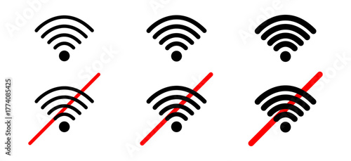 WiFi and no WiFi icons set. Vector illustration of wireless internet signal symbols showing connection and disconnection. Simple outline icons for network, communication and digital design.