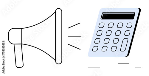 Megaphone conveying message next to calculator emphasizing planning, budgeting, and communication. Ideal for marketing, advertising, finance, strategy, communication business economy. Clean simple