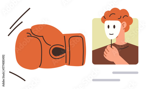Boxing glove in motion toward person holding a mask. Ideal for conflict, deception, identity, truth, confrontation, exposure, self-awareness. A simple flat metaphor