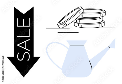 Black arrow with Sale text, stacked coins, and watering can symbolize discounts, investment, growth potential, and nurturing resources. Ideal for business, finance, marketing shopping development