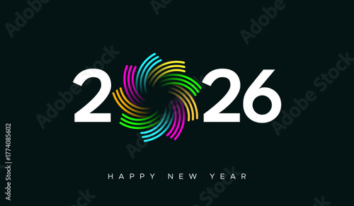 2026 Happy New Year vector typography with colorful spiral or technology lines between digits or numbers, vibrant festival layout and modern typography with colorful flower design on black background