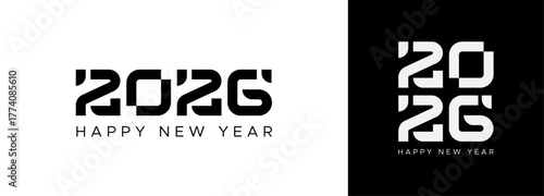 2026 New Year logo or typography with modular abstract digits in black and white, bold geometric futuristic theme 2026 poster on white and black background in two layout styles