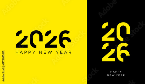 2026 happy  New Year vector typography with abstract deconstructed digital digits in black and yellow, modern split layout and bold poster design