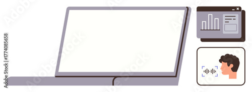 Laptop with analytics dashboard and voice recognition panel. Ideal for technology, AI, business, research, communication, data analysis, innovation themes. Minimalist flat metaphor