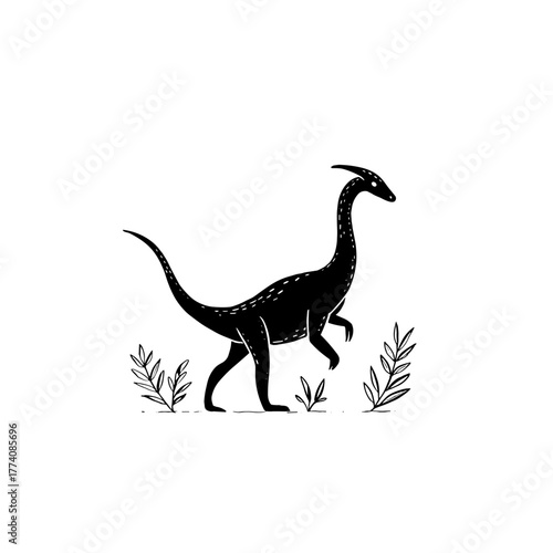 Parasaurolophus. Parasaurolophus simple black and white line art vector logo