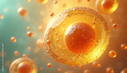 Closeup of a glowing human fat cell interior. Orange lipid droplets float within cytoplasm, cell membrane surrounding. Microscopic view of adipose tissue biology.