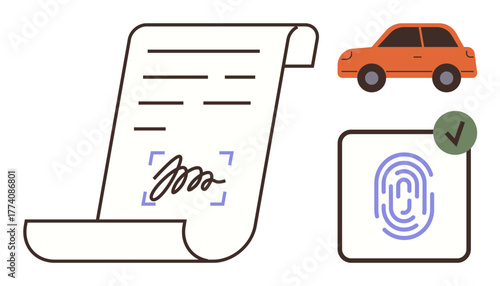 Contract with signature, fingerprint authentication box with green check, and car representing legal agreements. Ideal for security, technology, identity, vehicle registration, law, contracts simple