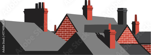 WebRooftops and chimneys create an urban landscape against a black background view