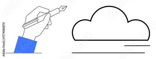 Hand holding a fountain pen drawing cloud outline, symbolizing creativity, innovation, digital storage. Ideal for writing, brainstorming, data storage, technology, imagination teamwork