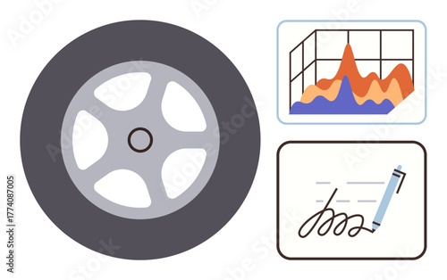 Car wheel beside a graph with data trends and a signed document with pen. Ideal for topics thumbs up logistics, business growth, transportation, data analysis, contracts, efficiency, simple flat