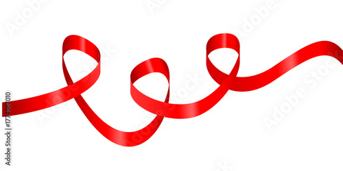 Red Ribbon Curly Decoration Vector Isolated on White Background, Elegant Shiny Twisted Tape Design for Celebration, Gift Wrap, Banner, Poster, and Holiday Decorative Element