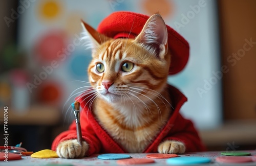 Orange tabby cat wearing red beret and jacket holds paintbrush near paint palette. Animal looks focused as it prepares to create art. This whimsical scene shows feline creativity in action.