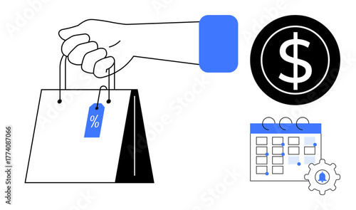 Hand holding shopping bag with discount tag, dollar sign for financial transaction, and calendar with gear. Ideal for shopping, discounts, payment, budgeting, financial planning, retail e-commerce
