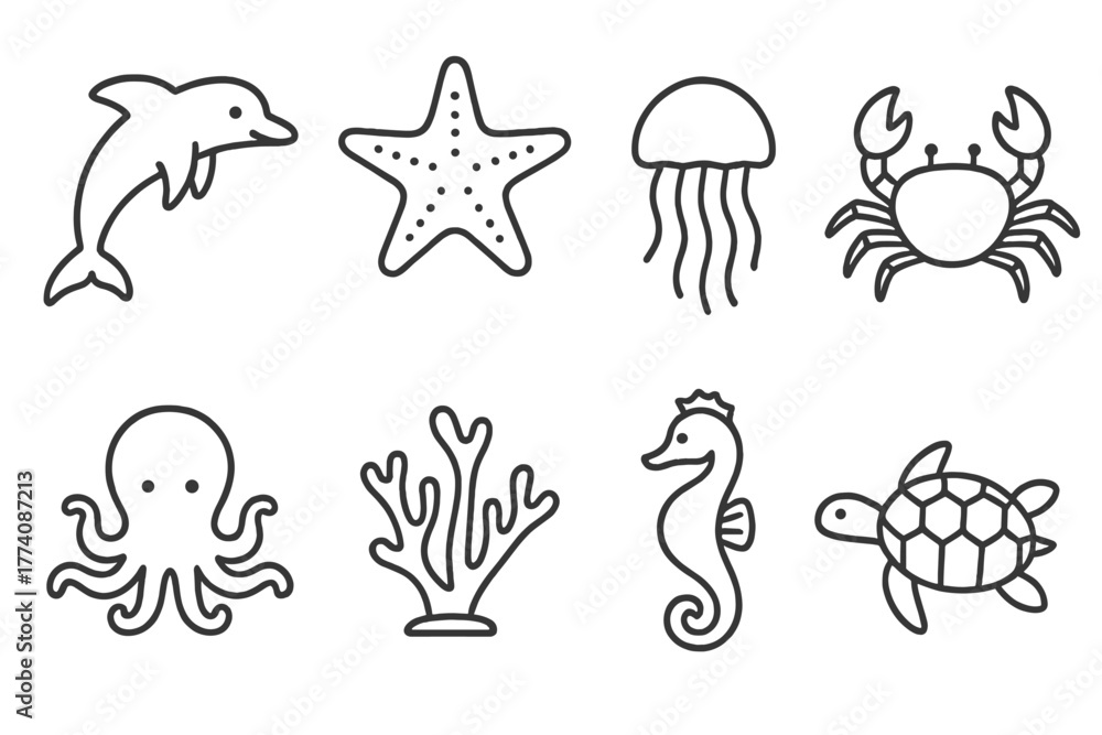 Fototapeta premium Marine Icons Collection. Line style icons of Marine biology: dolphin, starfish, jellyfish, crab, octopus, coral, seahorse, turtle,