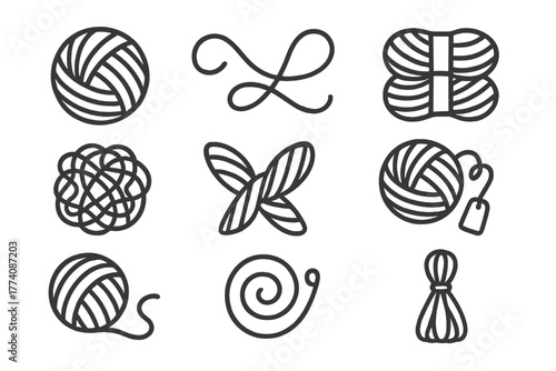 Yarn Icon Set. Line style icons of yarn in round shape: wound yarn ball, loose yarn end, stacked yarn, yarn with tag; tangled yarn