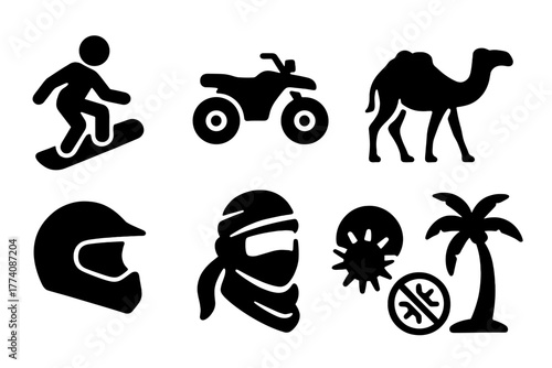 Desert Sports Icons. Solid style icons of Desert Sports: Sandboard, ATV, Dune Buggy, Camel, Helmet, Scarf, Sun, Palm Tree, No text