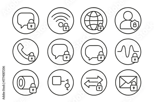 Communication Security Icons. Line style icons of communication security in round shape: secure chat, protected signal, private