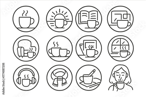 Coffee Lifestyle Icons. Line style icons of coffee lifestyle in round shape: morning cup, sunrise with mug, reading and coffee,