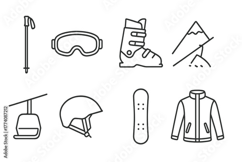 Skiing Essentials Icons. Line style icons of Skiing: Ski Pole, Goggles, Ski Boot, Mountain Slope, Ski Lift, Helmet, Snowboard, Ski