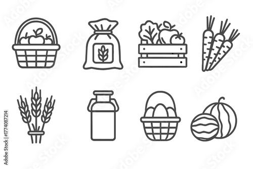 Harvest Line Icons. Line style icons of Harvest: basket of apples, sack of grain, crate of vegetables, bunch of carrots, bundle of