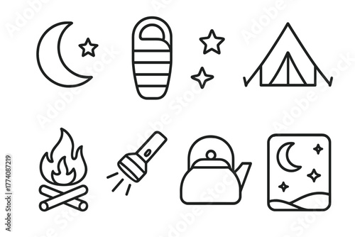 Night Camping Icons. Line style icons of Night camping: moon, stars, sleeping bag, tent silhouette, fire sparks, flashlight beam,