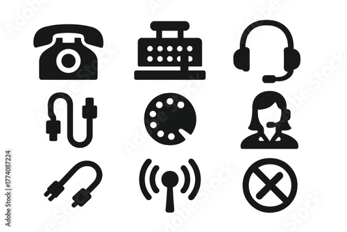 Retro Communication Icons. Solid style icons of Retro Communication: Rotary Phone, Switchboard, Headset, Cord, Dial, Operator,