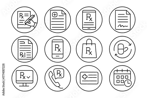 Prescription Process Icons. Line style round vector icons of Prescription Process: Doctor’s Handwriting, Patient File, Digital