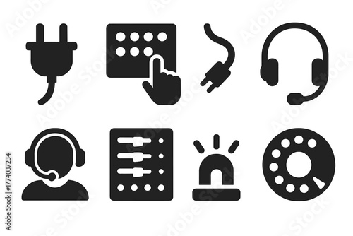 Manual Call Routing Icons. Solid style icons of Manual Call Routing: Plug, Switchboard, Cord, Headset, Operator, Panel, Signal