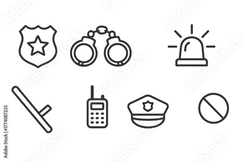 Police Icon Set. Line style icons of Police: Badge, Handcuffs, Police Car, Siren, Baton, Walkie Talkie, Police Hat, Flashlight, No