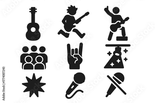 Air Guitar Performance. Solid style icons of Guitar Imitation: Invisible Guitar, Air Guitarist, Stage Pose, Crowd, Hand Gesture,