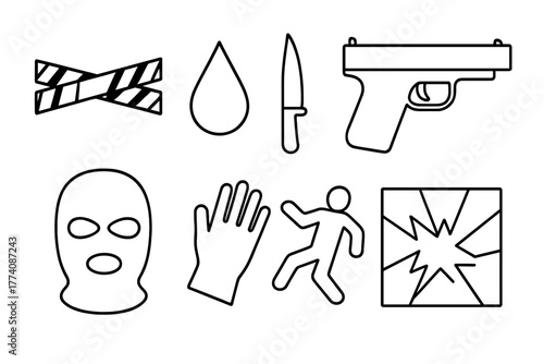 Crime Scene Icons. Line style icons of Crime Scene: Police Tape, Blood Drop, Knife, Gun, Mask, Glove, Chalk Outline, Broken Glass,
