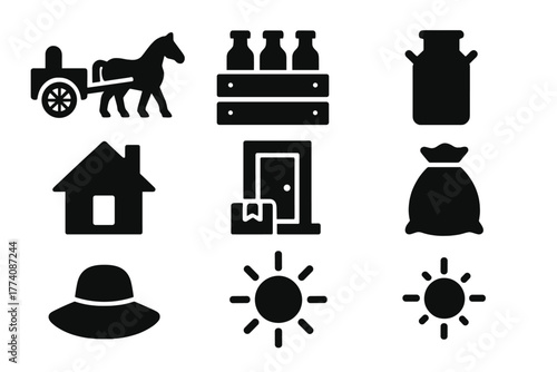 Rural Delivery Icons. Solid style icons of Rural Delivery Service: Horse Cart, Bottle Crate, Milk Can, House, Doorstep, Bag, Hat,