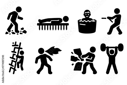 Extreme Feats Icons. Solid style icons of Extreme Feats: glass walk, nail bed, ice bath, chain pull, sword ladder, fire breath,