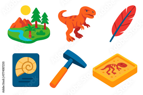 Isometric Paleoart Icons. Isometric vector illustration set Paleoart: Ancient Landscape, Dinosaur Reconstruction, Feather, Fossil