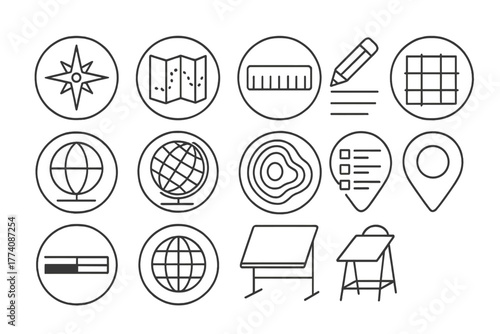 Cartography Icons Collection. Line style circular vector icons of Cartography: Compass Rose, Map, Ruler, Grid; Pencil, Globe,