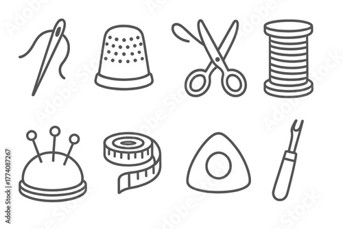 Sewing Icon Set. Line style icons of Sewing accessories: needle, thimble, scissors, thread spool, pin cushion, measuring tape,