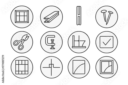 Stained Glass Assembly Icons. Line style round vector icons of Stained Glass Assembly: Panel Frame, Spacer Strip, H Channel,