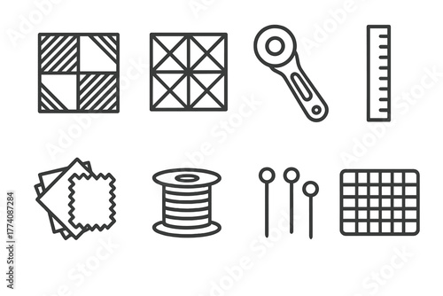 Quilting Tools Icons. Line style icons of Quilting: Patchwork Square, Quilt Block, Rotary Cutter, Ruler, Fabric Swatches, Thread