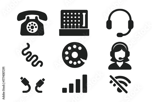 Retro Communication Icons. Solid style icons of Retro Communication: Rotary Phone, Switchboard, Headset, Cord, Dial, Operator,