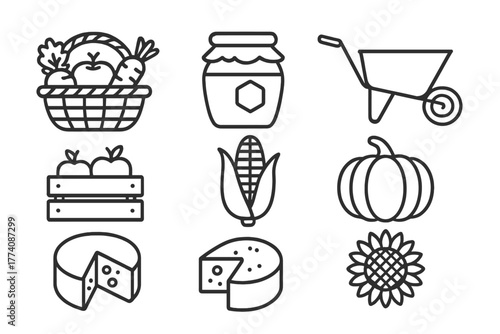 Farmers Market Icons. Line style icons of Farmers Market: Basket of Vegetables, Honey Jar, Wheelbarrow, Apple Crate, Corn, Pumpkin