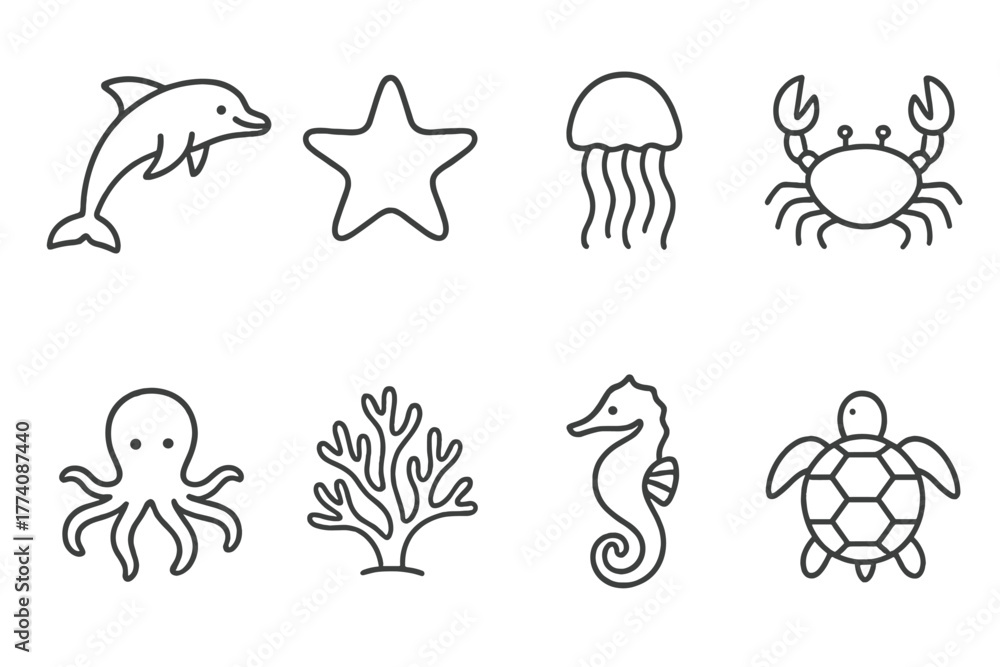 Obraz premium Marine Icons Collection. Line style icons of Marine biology: dolphin, starfish, jellyfish, crab, octopus, coral, seahorse, turtle,