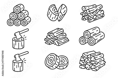 Chopped Wood Icons. Line style icons of chopped wood in round shape: firewood stack, split log, woodpile, triangular cuts; wood