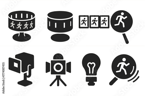 Mechanical Animation Icons. Solid style icons of Mechanical Animation Tools: Zoetrope, Slitted Cylinder, Sequential Frames,