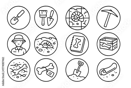 Paleontology Line Icons. Line style icons of paleontology in round shape: excavation tool, brush and trowel, fossil grid, pickaxe;