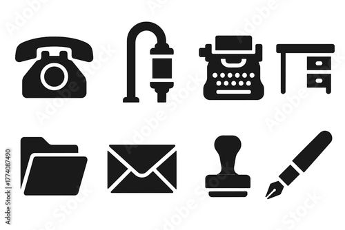 Office Communication Icons. Solid style icons of Office Communication: Telephone, Pneumatic Tube, Typewriter, Desk, File, Envelope